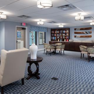 A modern lobby with comfortable seating and stylish decor.