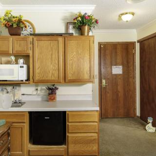 A cozy kitchen with wooden cabinets, a microwave, and decorative plants.