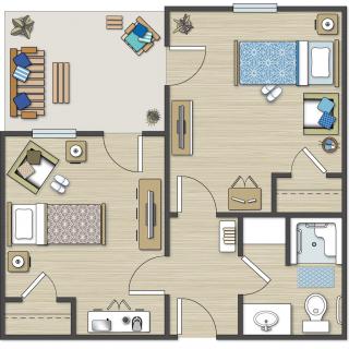 A detailed floor plan of a two-bedroom apartment, featuring a living room, kitchen, and bathroom.