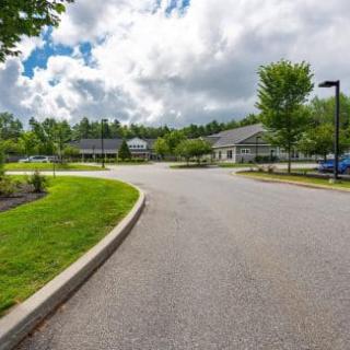 A peaceful driveway lined with trees under a cloudy sky, leading to buildings in the distance.