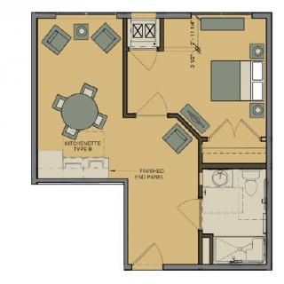 A floor plan of a one-bedroom apartment with a living area, dining space, and bathroom.
