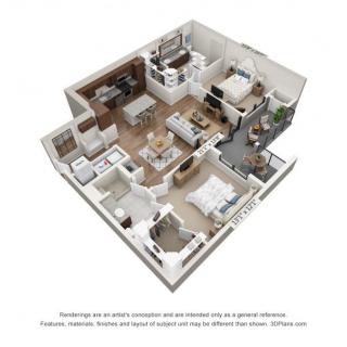 A 3D rendered floor plan of a modern apartment, showcasing the living areas, kitchen, and bedroom.