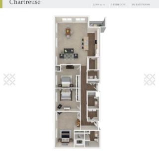 3D floor plan of an apartment layout showing rooms and furnishings.