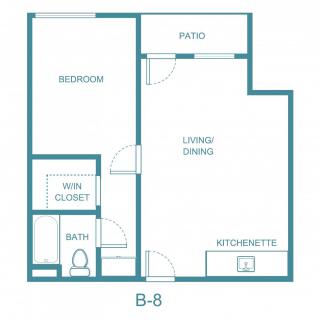 Floor plan of a one-bedroom apartment with a living/dining area, kitchenette, bathroom, and closet.