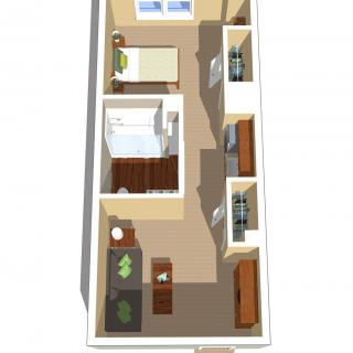 A 3D floor plan layout of a small apartment featuring a bedroom, bathroom, kitchen, and living area.