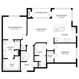 A floor plan of an apartment showing two bedrooms, a living room, dining room, kitchen, laundry area, and bathrooms.