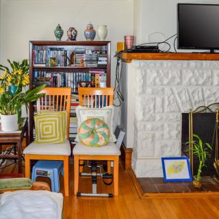 A cozy living room with a bookshelf, chairs, plants, and a fireplace.