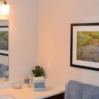 A well-decorated bathroom with a mirror, artwork, and neatly arranged accessories.