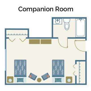 Floor plan of a companion room featuring two beds and a bathroom.