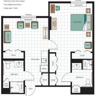 A one-bedroom apartment floor plan featuring a living room, kitchen, dining area, and bathroom.
