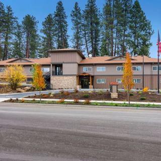 A modern building surrounded by trees, located beside a road in a scenic outdoor setting.