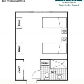 A floor plan for a dorm room with two beds, desks, and a shared bathroom.