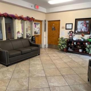 A welcoming waiting room with comfortable seating and decorative elements.