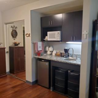 Compact kitchenette with appliances and storage space.