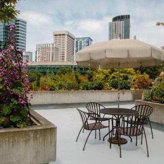 A rooftop patio with outdoor seating and urban garden, overlooking a cityscape of skyscrapers.