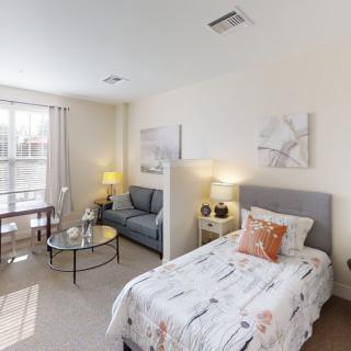 A cozy and bright bedroom with a single bed, sofa, and tasteful decor.