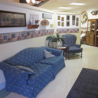 A cozy living room setting featuring blue furniture, decorative wall art, and house plants.