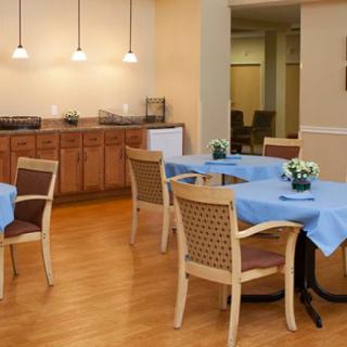A cozy dining area with blue tablecloths and decorative plants on wooden tables, surrounded by wicker chairs and warm lighting.