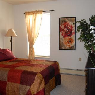 A cozy bedroom with a colorful bedspread, a window with sheer curtains, and decorative elements such as a lamp, painting, and houseplant.