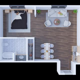 A modern apartment floor plan featuring an open living and dining area, a bedroom, and a bathroom.