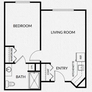 A one-bedroom apartment floor plan with a living room, kitchen, and bathroom.