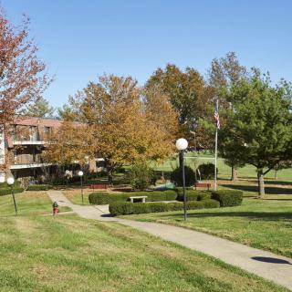 A picturesque campus scene with a walkway, trees, and a building in the background.