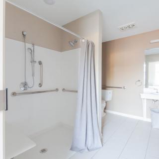 Modern accessible bathroom with a shower and safety grab bars.