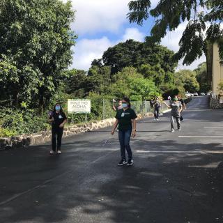 People walking in a park on a sunny day.