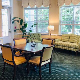 A cozy living room with a green sofa, yellow chairs around a wooden table, and large windows letting in natural light.