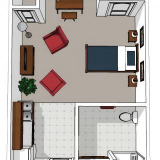 A simple apartment floor plan featuring a bedroom, living area, kitchenette, and bathroom.