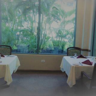 A serene restaurant setting with tables by a large window overlooking lush greenery.