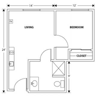 A floor plan of a one-bedroom apartment featuring a living room, bathroom, and closet.