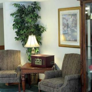 A cozy waiting area with two chairs, a side table holding a vintage radio and lamp, accompanied by a potted plant and framed painting on the wall.