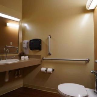 An accessible bathroom with a sink, toilet, and safety grab bars.