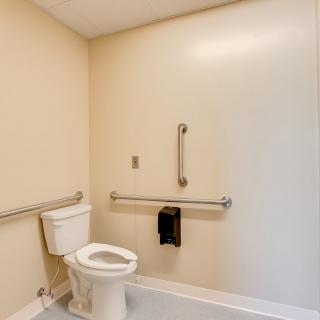 An accessible bathroom with handrails and a toilet.