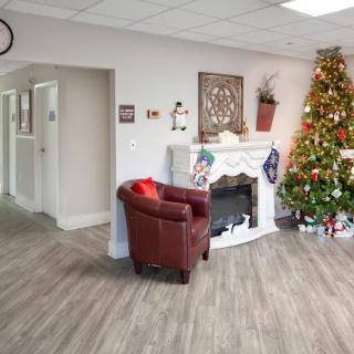 A festive living room with a decorated Christmas tree and a cozy fireplace.