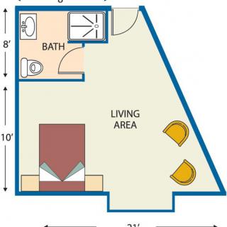 A floor plan of a small apartment featuring a living area, bed space, and bathroom.