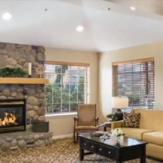 Cozy living room with a stone fireplace and comfortable seating.