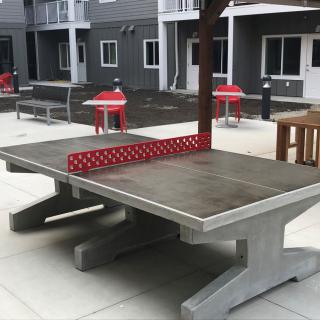 Outdoor concrete ping pong table in a patio setting.