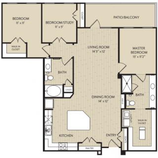 A detailed floor plan of a three-bedroom, two-bathroom apartment including living and dining areas.