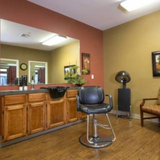 Interior of a hair salon with a styling chair, mirror, and wooden cabinets.