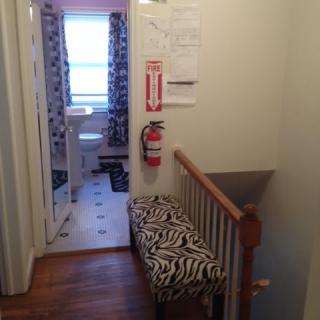 A narrow hallway with a zebra-patterned bench, leading to a bathroom at the end. A fire extinguisher is mounted on the wall next to some stairs.