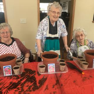 Seniors enjoying a gardening activity, potting plants together.