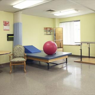 A physical therapy room equipped with a therapy ball, parallel bars, and other rehabilitation equipment.
