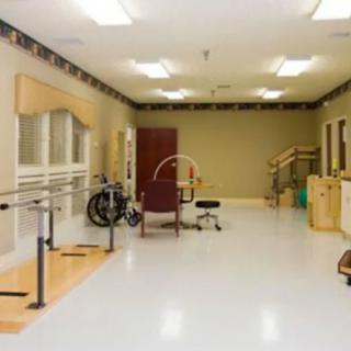 A physical therapy room equipped with parallel bars and exercise equipment.