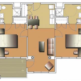 A detailed floor plan showing the layout of a residential space with labeled rooms and furniture placement.