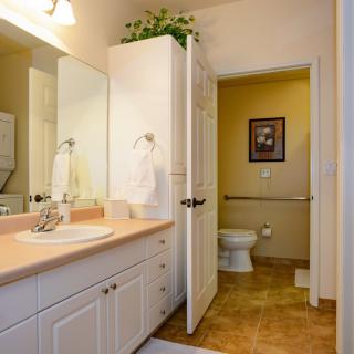 A well-organized bathroom with a sink, mirror, and cabinet, leading to a toilet area.