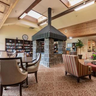 A cozy interior space featuring a seating area with a central fireplace and surrounding bookshelves.