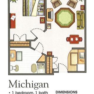 A floor plan of a Michigan apartment with one bedroom and one bathroom.
