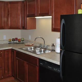 A modern kitchen with wooden cabinets, a double sink, and a black refrigerator.
